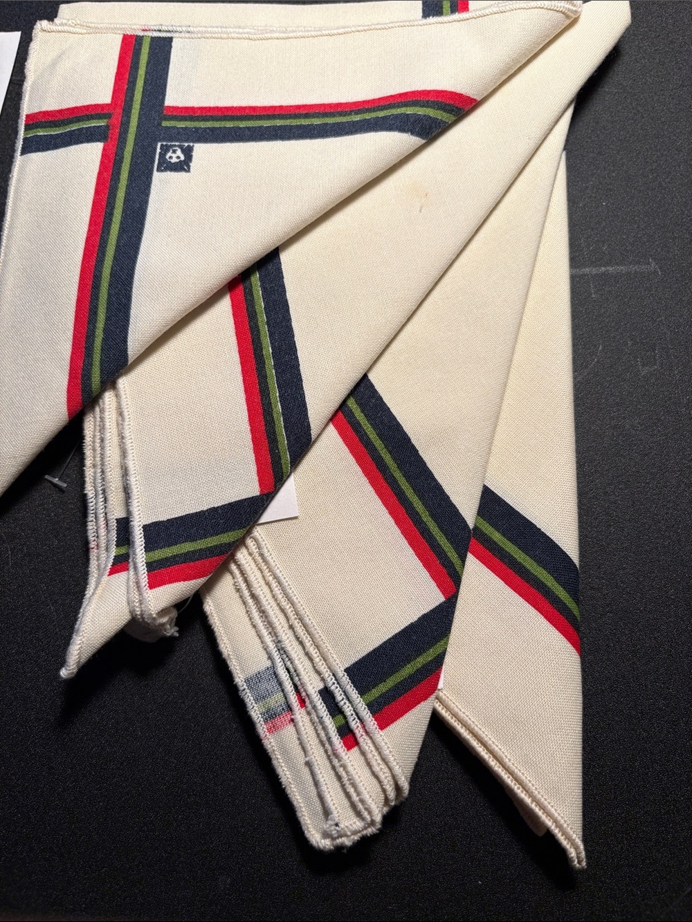 Vintage 80’s Anne Klein 4 Cream Square napkins Navy, Red & Green Stripe. VV